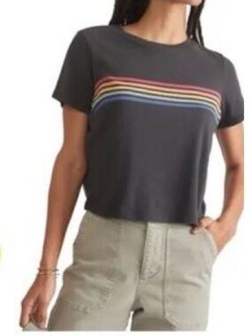Marine Layer Black Crop Tee with Rainbow Stripes women’s small